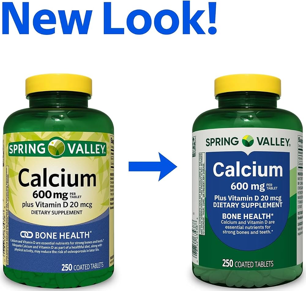 Spring Valley Calcio + Vitamina D 600 mg, Salud Ósea, 250 Tabletas
