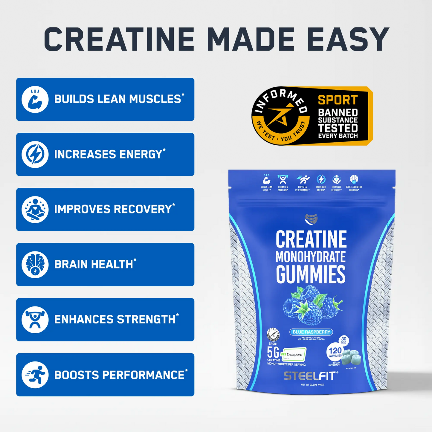 SteelFit Creatine Monohydrate Gummies Potencia Muscular 120 Gomitas