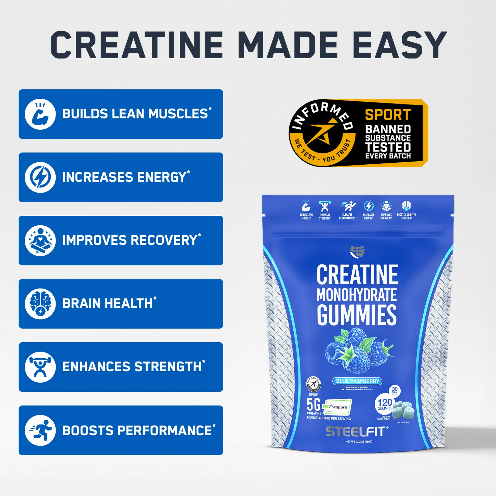 SteelFit Creatine Monohydrate Gummies Potencia Muscular 120 Gomitas