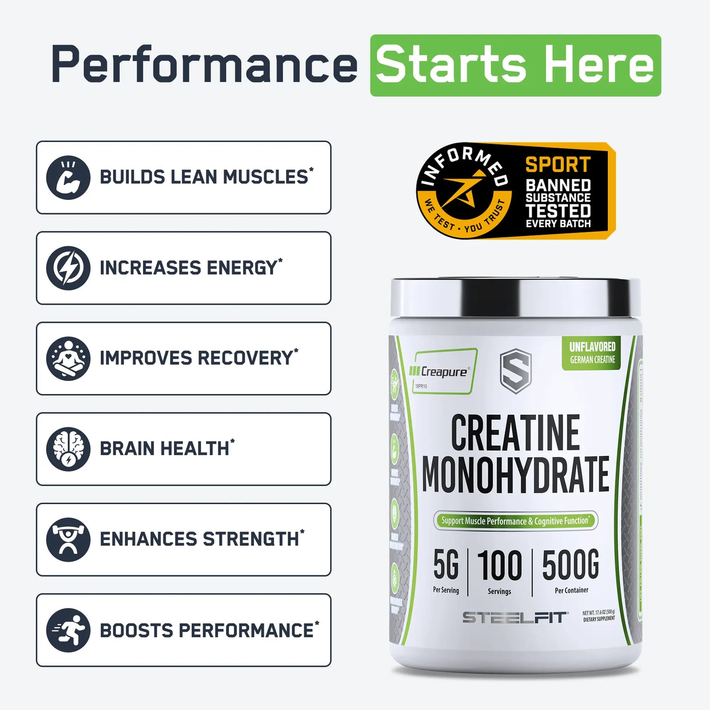 SteelFit Creatina Monohidratada Mejora Rendimiento Muscular 100 Servicios