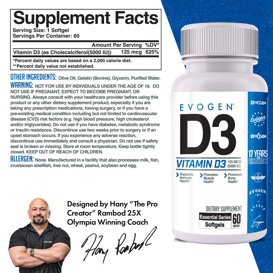 Evogen Nutrition Vitamina D3 Apoyo a Salud Ósea y Muscular 60 Cápsulas